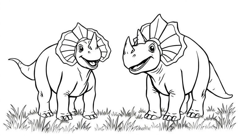 Kleurplaat van twee vrolijke triceratops in het gras.