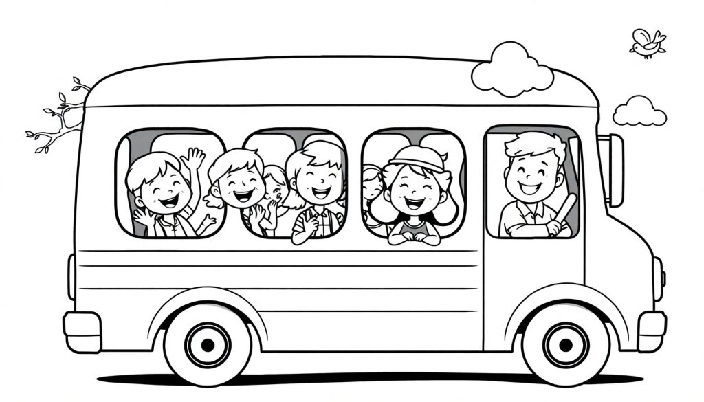 Kleurplaat van een lachende groep kinderen in een bus.