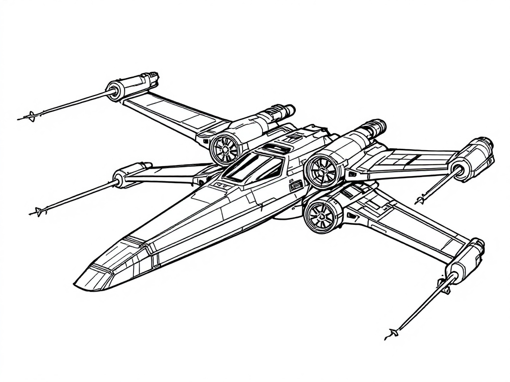 Kleurplaat van een X-Wing ruimteschip uit Star Wars.