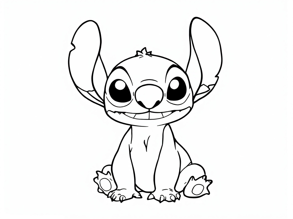 Zwart-witte kleurplaat van het Disney-personage Stitch die vrolijk zit.