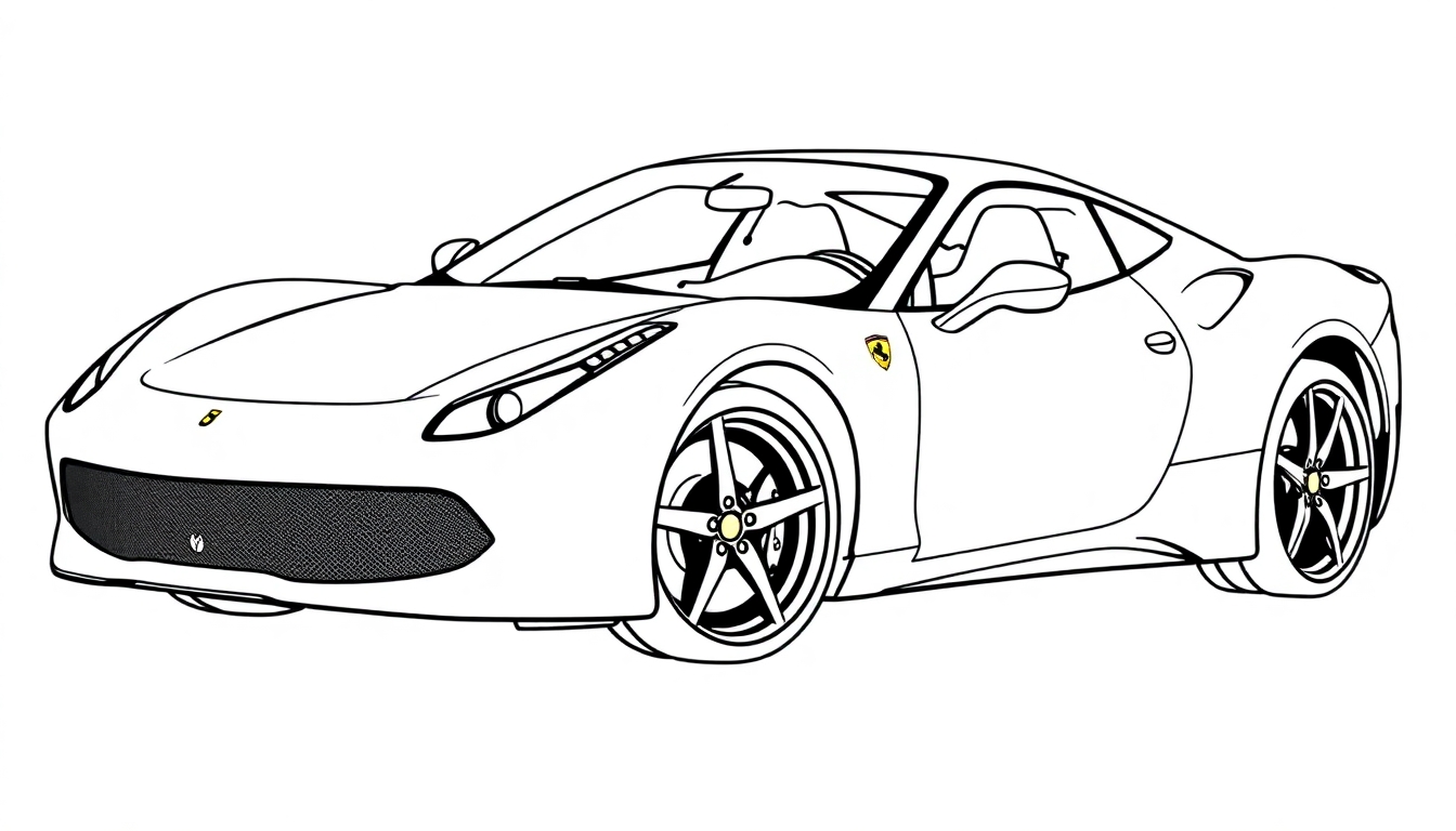 Kleurplaat van een stijlvolle Ferrari 458, klaar om via kleur tot leven gebracht te worden.