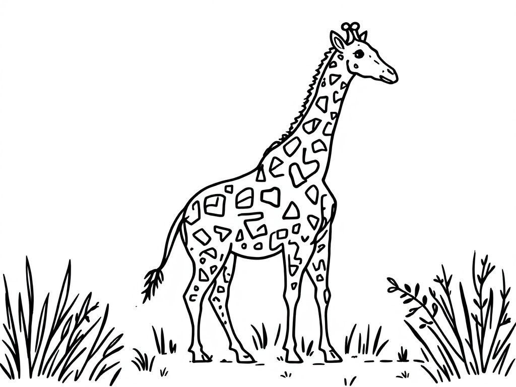 Een kleurplaat van een staande giraffe met gras en takken om zich heen.