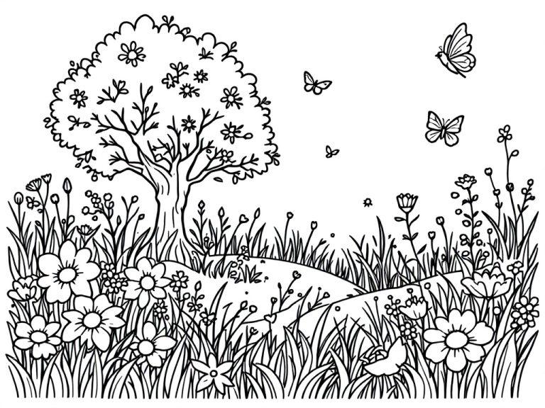 Kleurplaat van een weide in de lente met bloemen, vlinders en een boom.