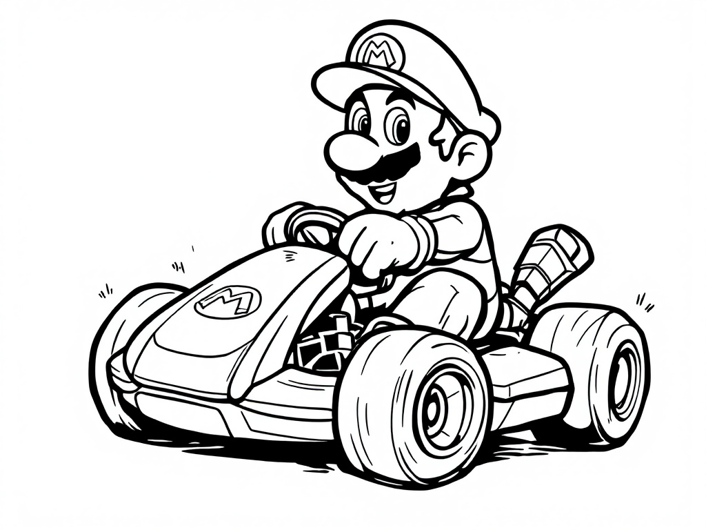 Kleurplaat van Mario in een kart.