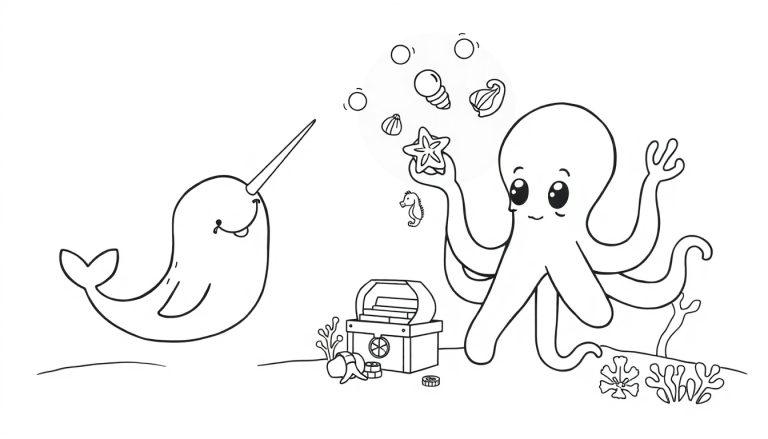 Kleurplaat met een glimlachende narwal en een vriendelijke octopus, met schatten zoals schelpen en een schatkist op de bodem van de zee.