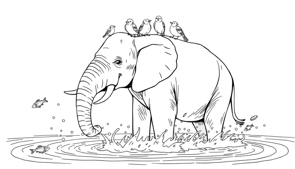 Kleurplaat van een olifant in het water met vogels op zijn rug en vissen in de vijver.