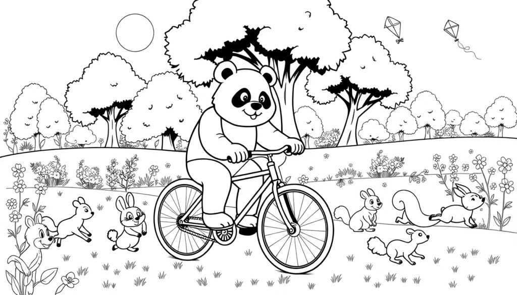 Een kleurplaat van een panda die op een fiets rijdt in een vrolijk bos met bloemen en dieren.