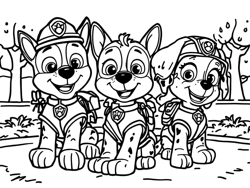 Kleurplaat van drie lachende Paw Patrol pups in een park.