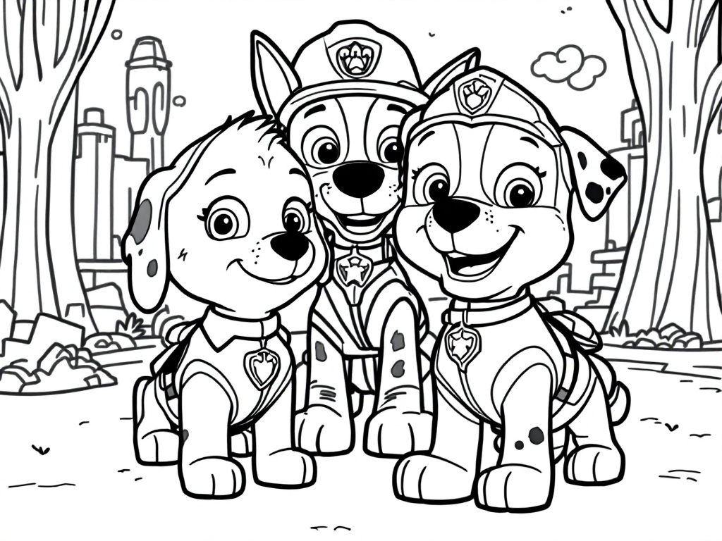 Paw Patrol kleurplaat met drie glimlachende puppy’s in uniform in een park.