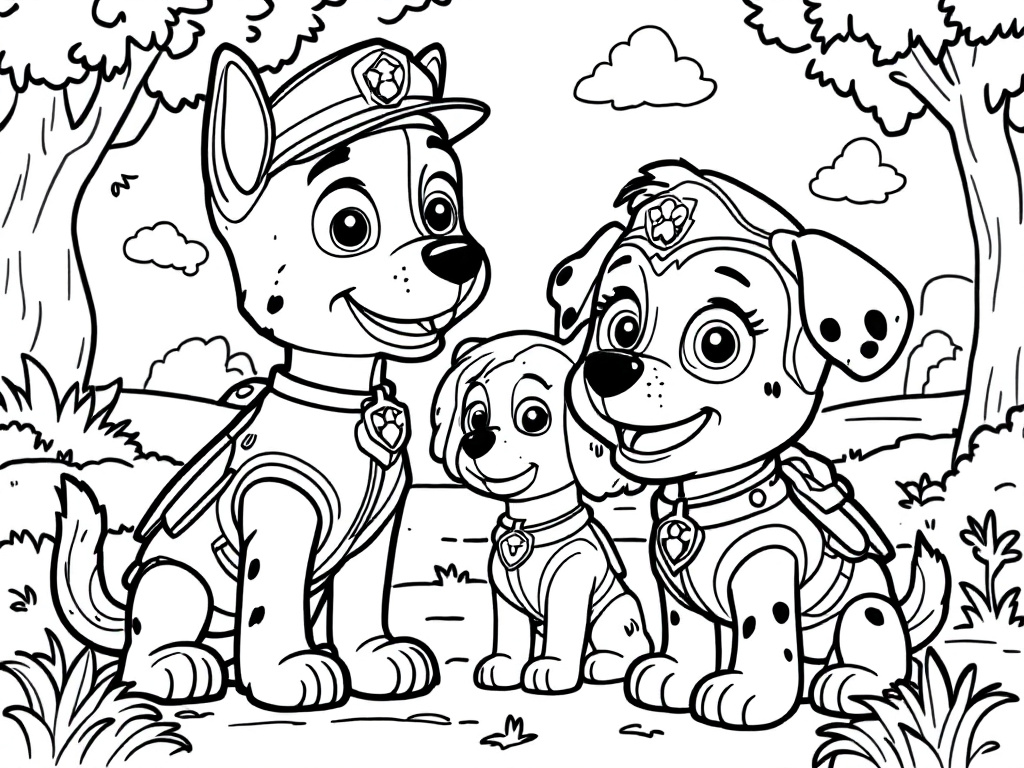 Kleurplaat van drie Paw Patrol pups die blij kijken in een open veld.