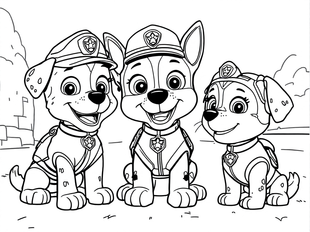 Kleurplaat van drie Paw Patrol-pups die samen lachen.