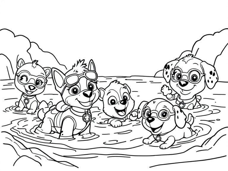 Kleurplaat van Paw Patrol-pups die spelen in de zee.