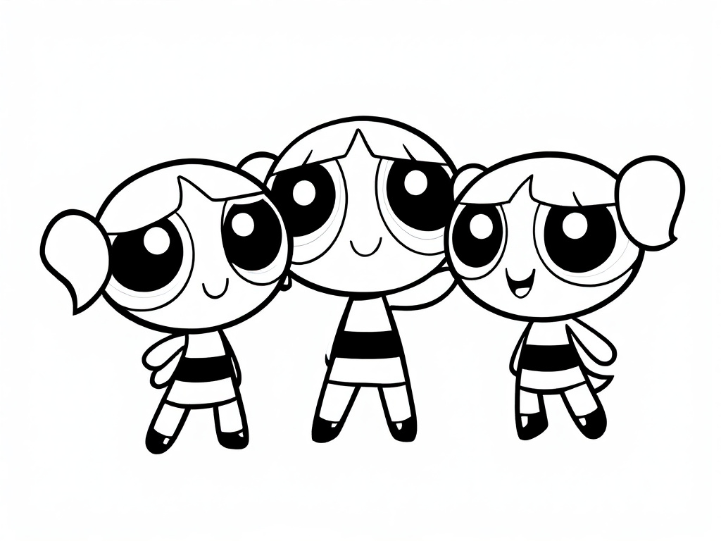 Kleurplaat van de Powerpuff Girls met drie blije meisjes met grote ogen en eenvoudige vormen.