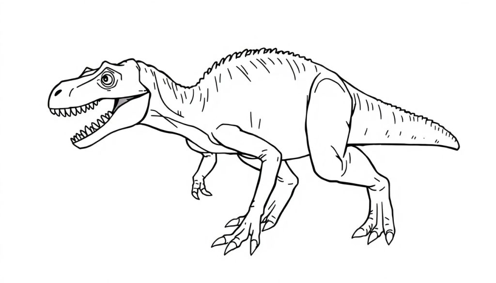 Kleurplaat van een raptor dinosaurus met scherpe tanden.