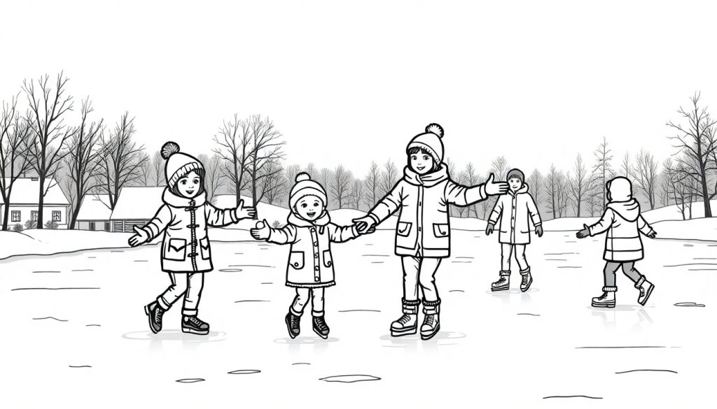 Kleurplaat van kinderen die schaatsen op een ijsbaan in de sneeuw.