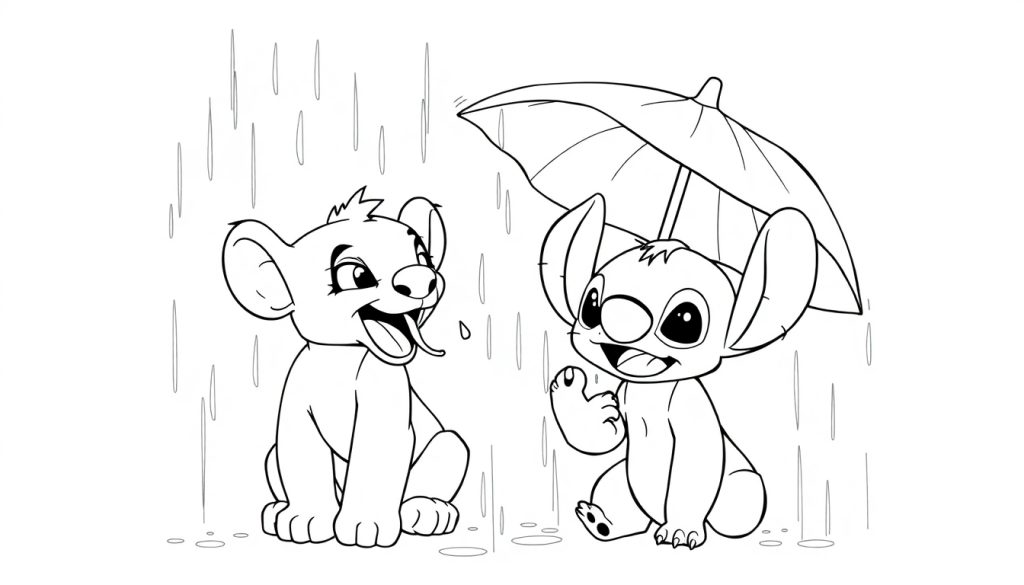 Kleurplaat van Simba en Stitch die in de regen zitten met een paraplu.