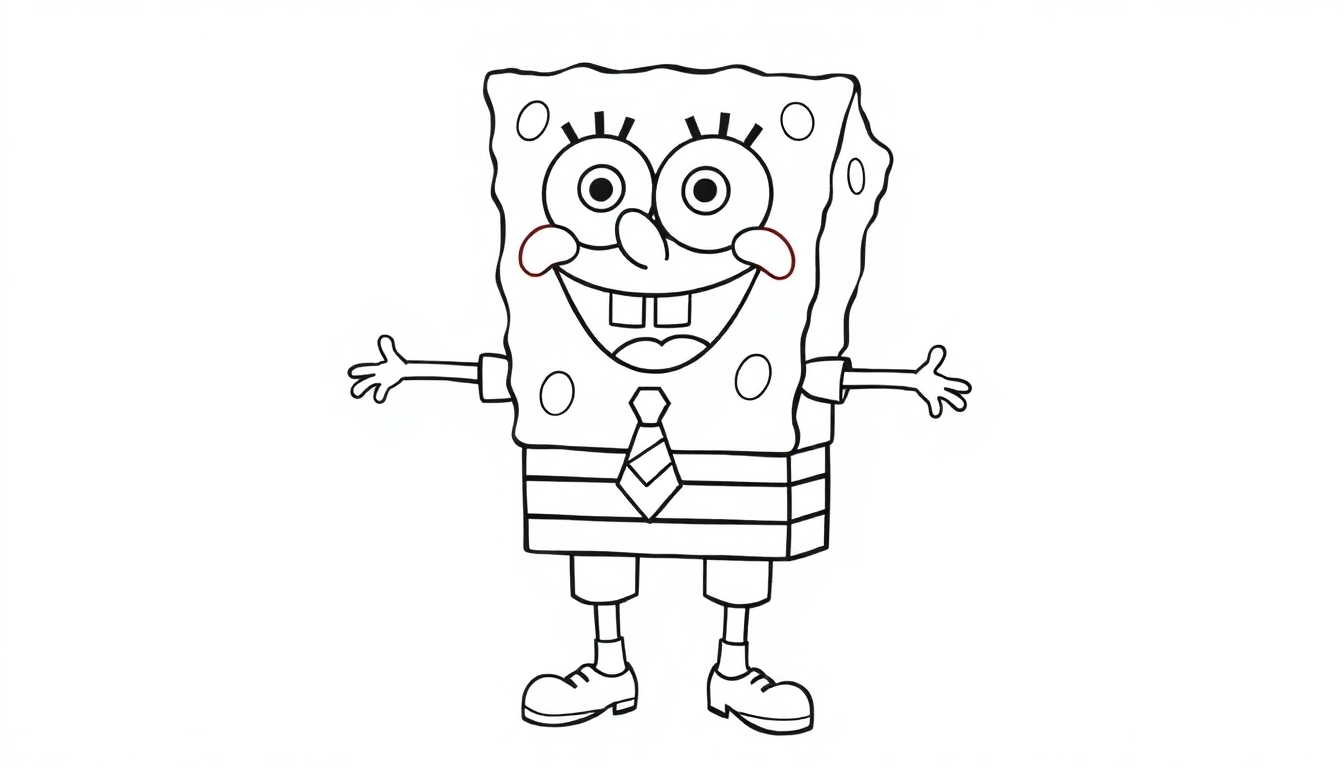 Kleurplaat van SpongeBob SquarePants met vrolijke armen in de lucht.