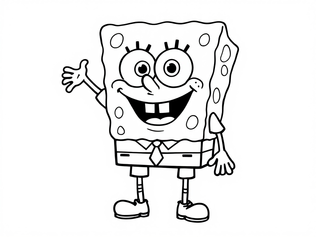 SpongeBob SquarePants kleurplaat met een grote glimlach en opgeheven hand.