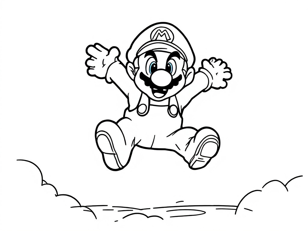 Een kleurplaat van Mario die vrolijk in de lucht springt.