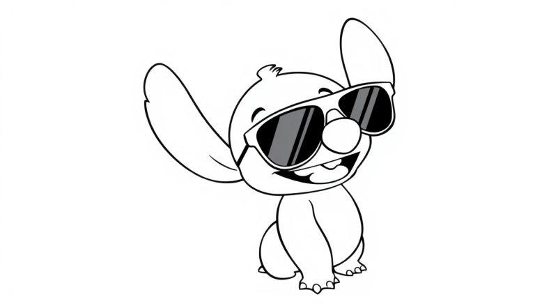 Een vrolijke kleurplaat van Stitch met een stoere zonnebril op.