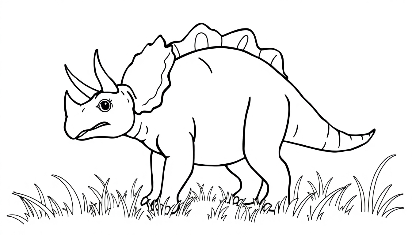 Triceratops kleurplaat in een grasveld.