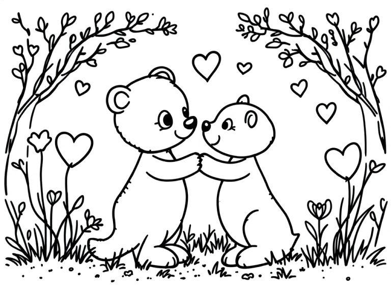Kleurplaat van twee knuffelige beren met hartjes en bloemen om hen heen.