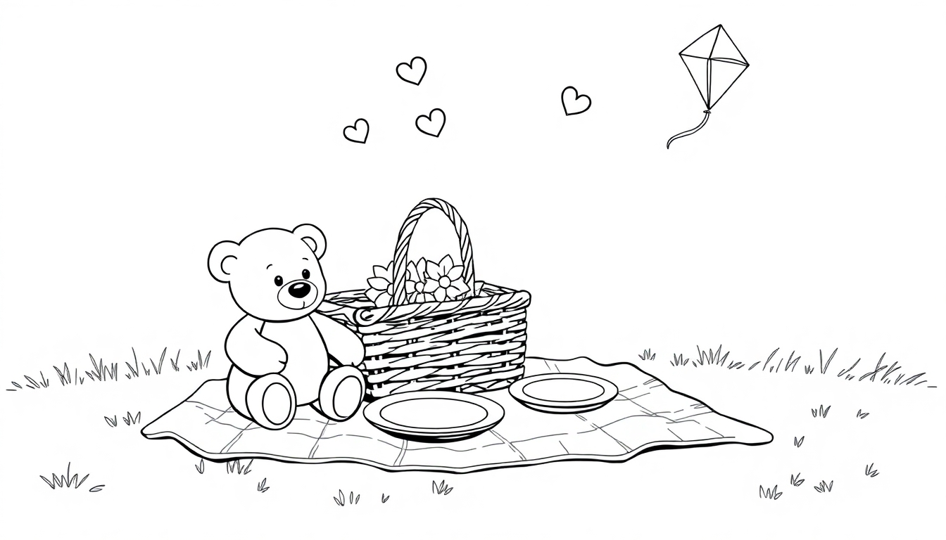 Kleurplaat van een schattige picknick met een teddybeer, een picknickmand, en een vlieger in de lucht.