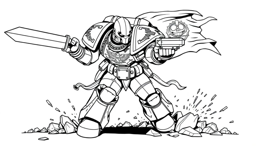 Kleurplaat van een stoere Warhammer 40k Space Marine met een zwaard en pistool, omringd door stenen.