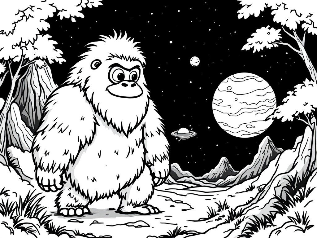 Kleurplaat van een lachende yeti op een mysterieuze planeet met sterren en bergen.