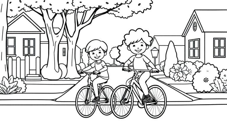 Kleurplaat van twee kinderen die samen fietsen in een gezellige buurt.