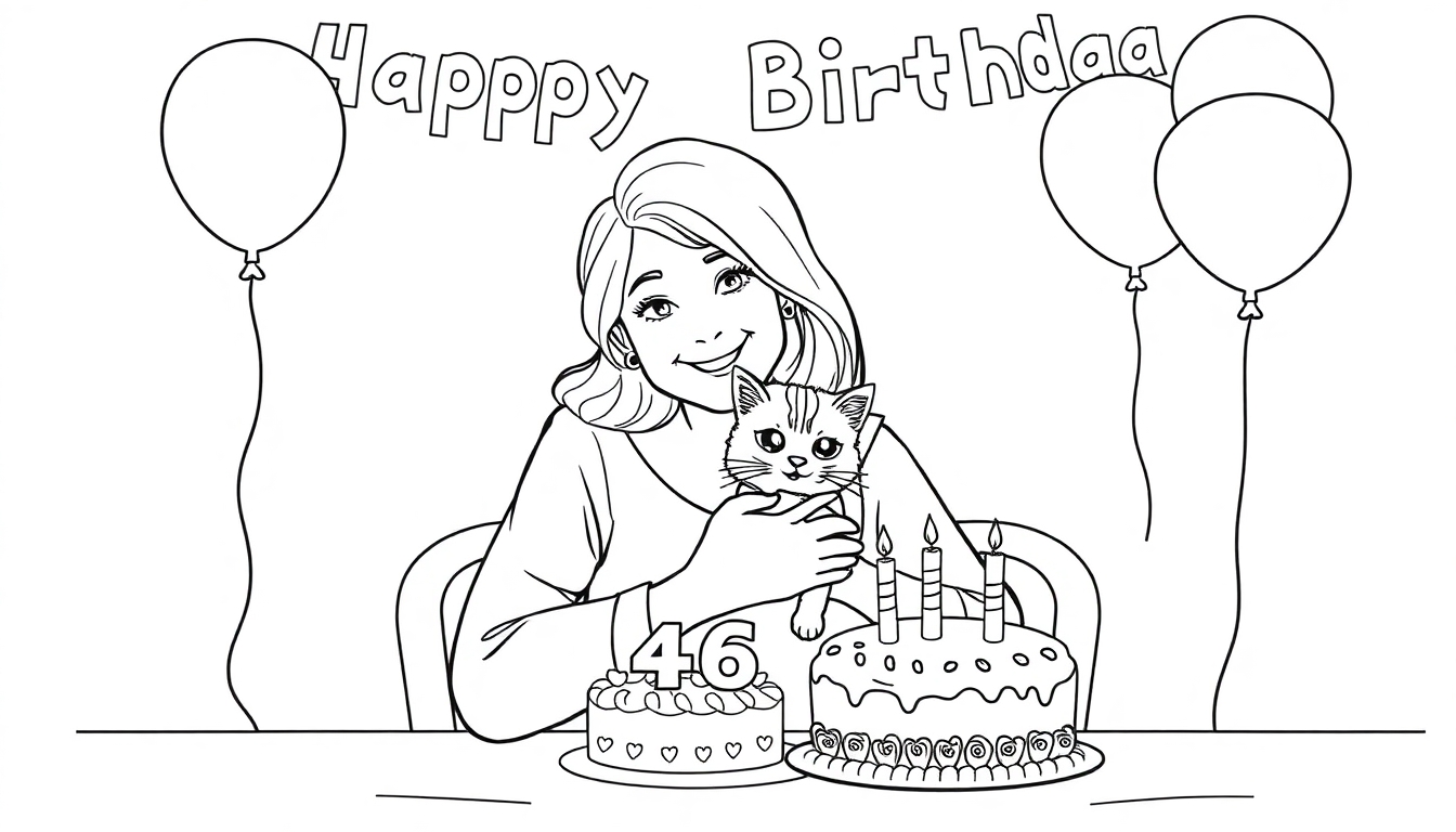 Kleurplaat van een jarige vrouw van 46 jaar die een kat knuffelt met een verjaardagstaart, ballonnen en slingers op de achtergrond.