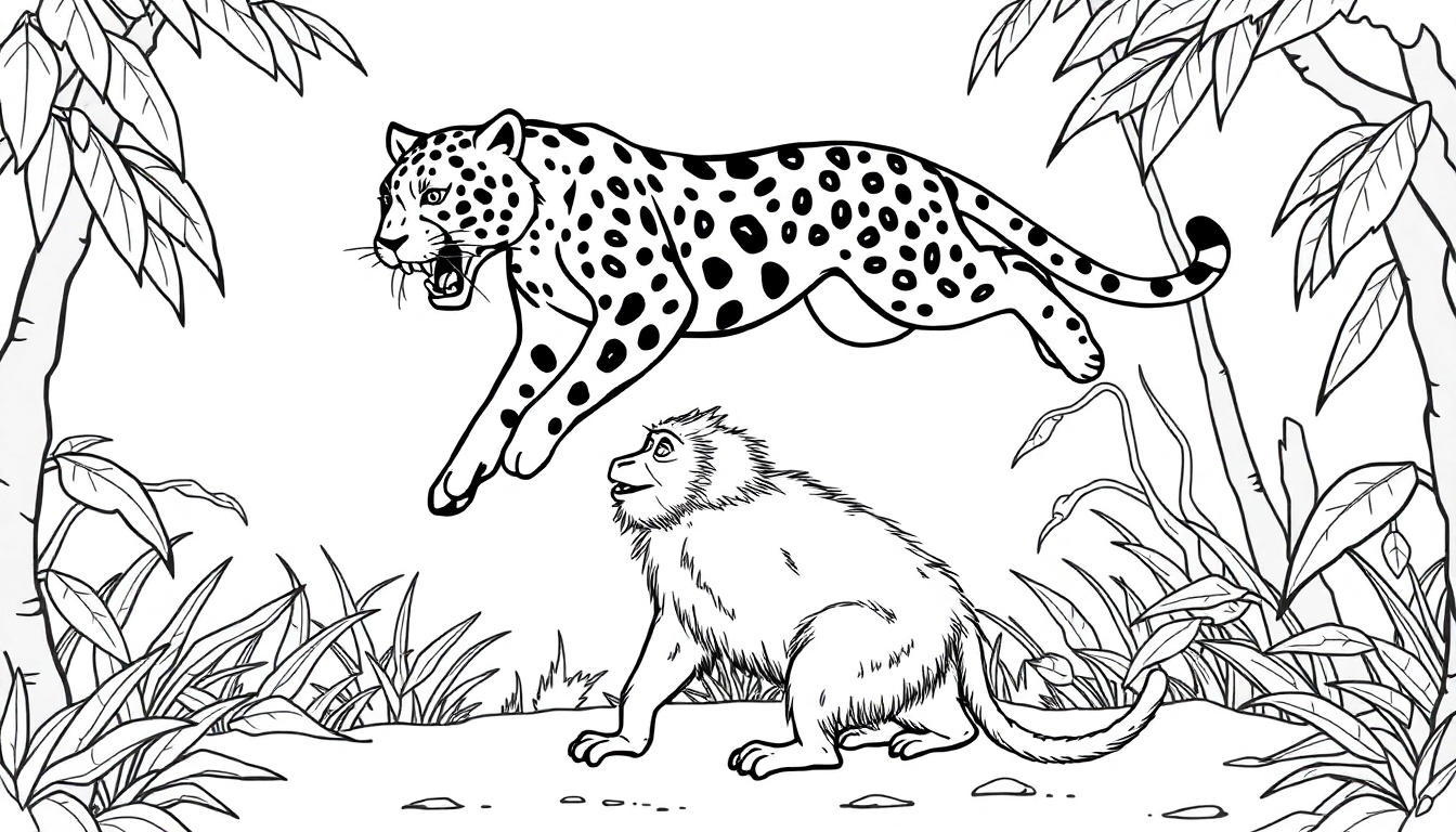 Kleurplaat met een baviaan en een springende jaguar in de jungle.