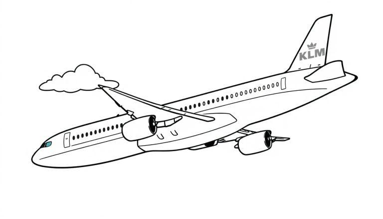 Een kleurplaat van een KLM-vliegtuig dat door de lucht vliegt.
