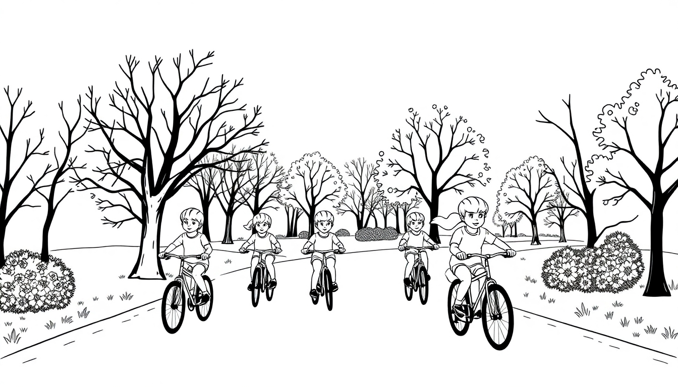 Kleurplaat van kinderen op fietsen in een buurt met bomen en struiken.