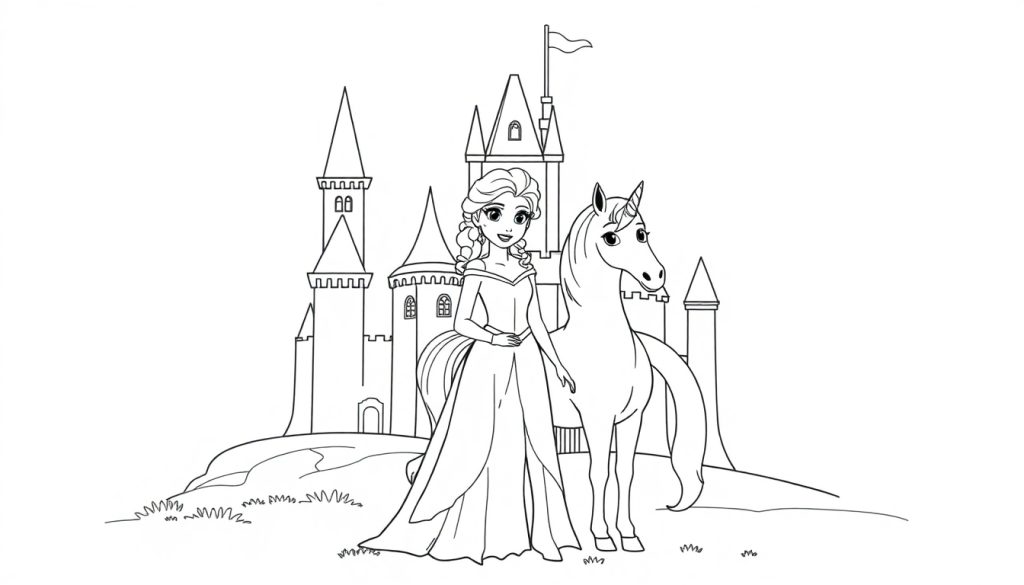 Kleurplaat van een kasteel met een prinses en een unicorn.