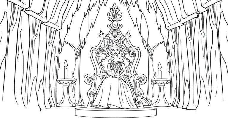 Kleurplaat van een prinses die op een troon zit in een ijzig kasteel.