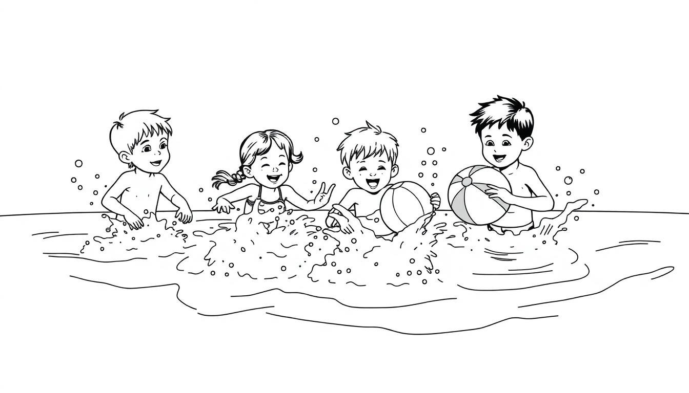 Kleurplaat van kinderen die in een zwembad spelen met een strandbal.