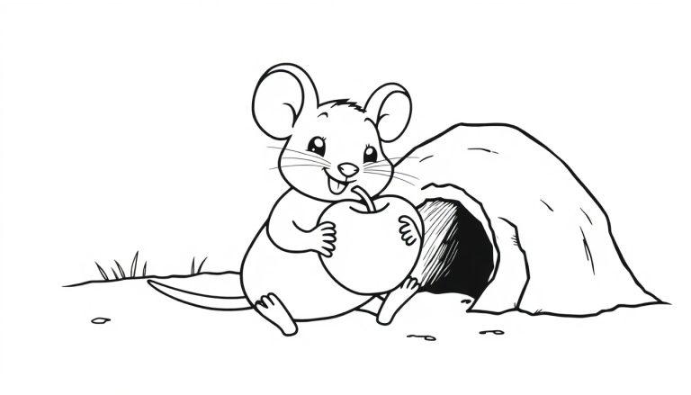 Een schattig muisje met een appel voor zijn holletje, kleurplaat.