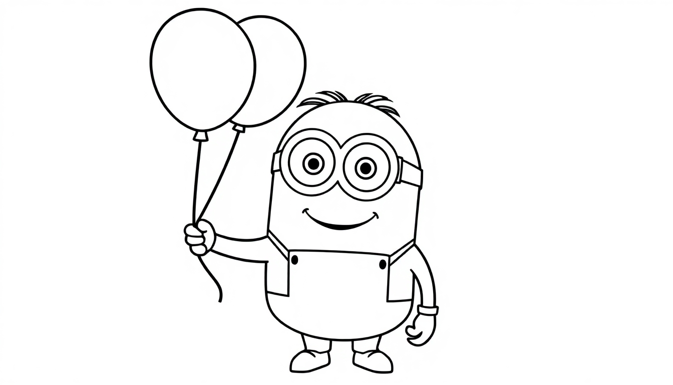 Kleurplaat van een minion die drie ballonnen vasthoudt.