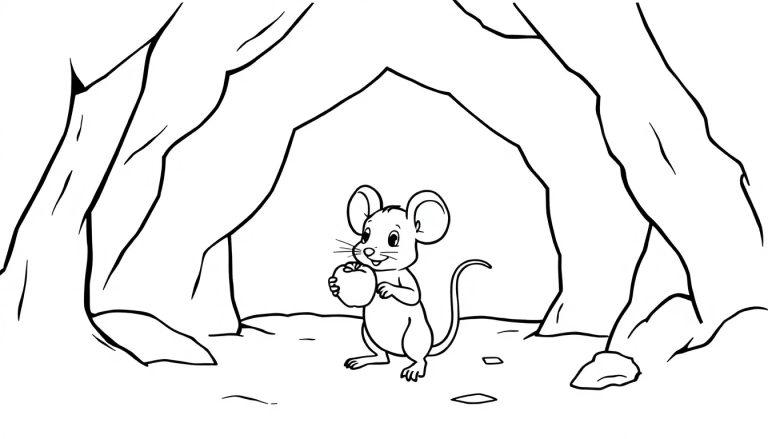 Kleurplaat van een muis met een appel bij een grot.