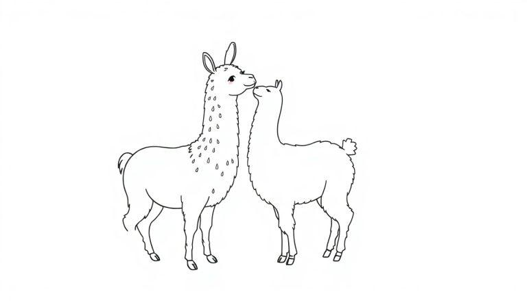 Kleurplaat van een lama en een alpaca die naar elkaar toegebogen staan op een witte achtergrond.