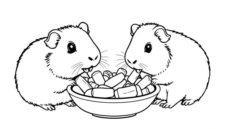 Een lijntekening-kleurplaat van twee cavia's die samen eten uit een schaal met voedselbrokjes.