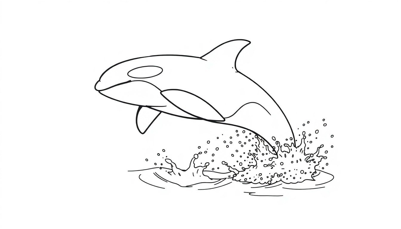 Kleurplaat van een springende orka boven opspattend water.
