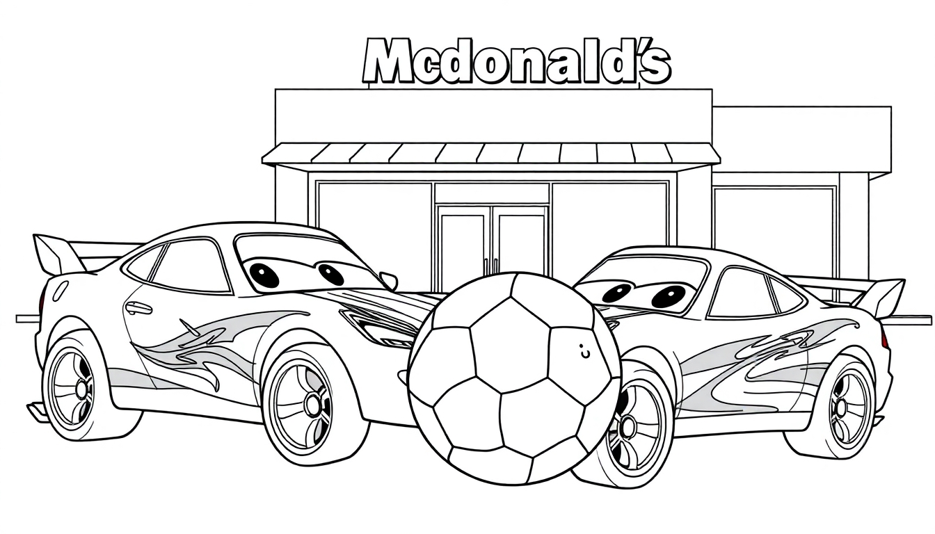 Kleurplaat van twee geanimeerde auto's met ogen die voetballen voor een McDonald's-restaurant.