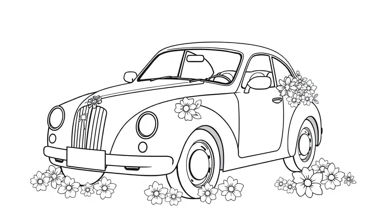Kleurplaat van een klassieke trouwauto met bloemen.