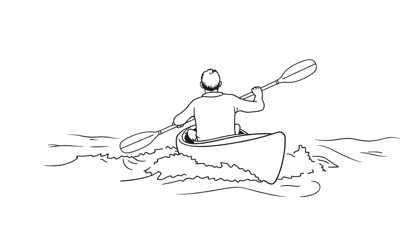 Kleurplaat van een persoon die met een peddel in een kano op golvend water vaart.