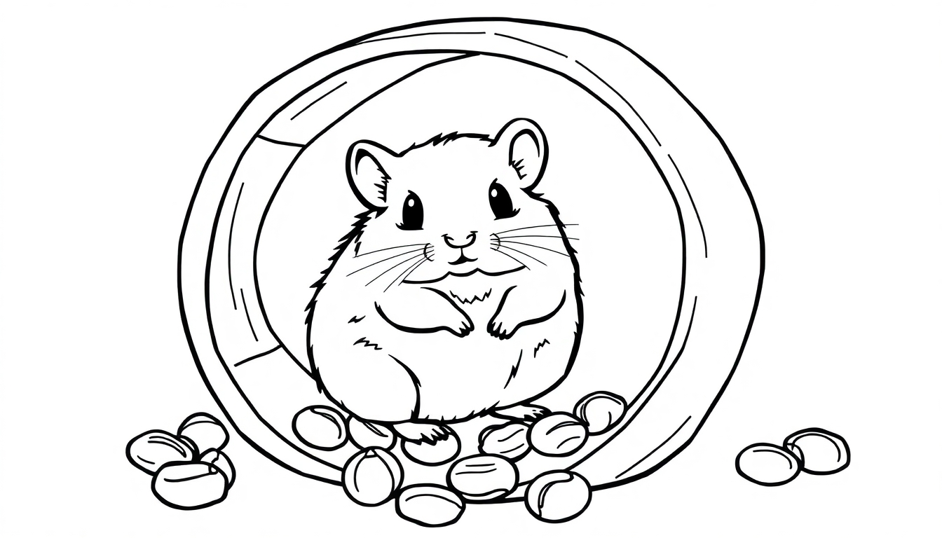 Een kleurplaat van een hamster in een wiel met nootjes eromheen.