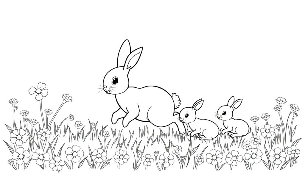 Kleurplaat van een konijn met twee babykonijntjes in een bloemrijk veld.