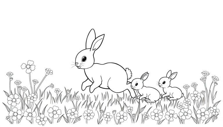 Kleurplaat van een konijn met twee babykonijntjes in een bloemrijk veld.