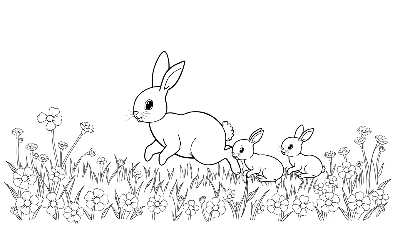 Kleurplaat van een konijn met twee babykonijntjes in een bloemrijk veld.